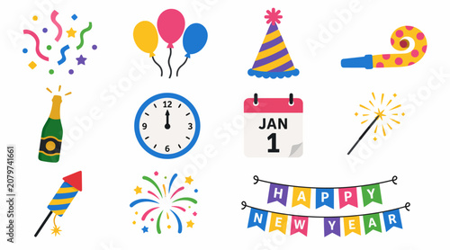 Valokuva Colorful New Year Celebration Party Icons Set.