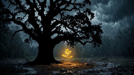 A massive dark tree shelters a glowing golden sapling from a harsh storm, a profound metaphor for parental protection, Mother's Day, and legacy.