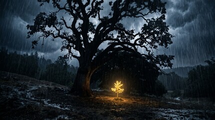 A massive dark tree shelters a glowing golden sapling from a harsh storm, a profound metaphor for parental protection, Mother's Day, and legacy.