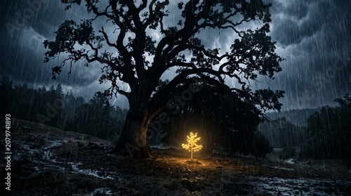 A massive dark tree shelters a glowing golden sapling from a harsh storm, a profound metaphor for parental protection, Mother's Day, and legacy.