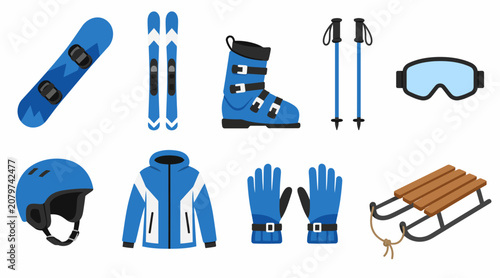 Bild auf Leinwand Collection of winter sports equipment and gear icons.