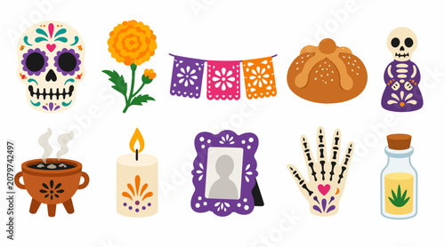 Bild auf Leinwand Colorful Day of the Dead Celebration Icons and Symbols.