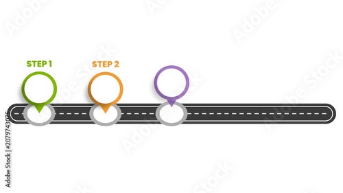 Animated Roadmap Timeline Showing Five Steps with Appearing Location Pins