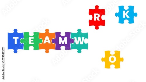 Dynamic Colorful Puzzle Pieces Animate to Form 'Teamwork' Word on White Background
