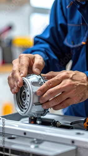 Mechanic technician installing metal car engine component during repair, automotive maintenance, engineering workshop, precision assembly task