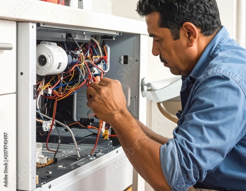 Middle aged technician repairing internal electrical wiring of a dishwasher appliance, home maintenance service, professional repair work