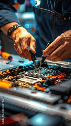 technician repairing circuit board with multimeter probes for hardware diagnostics, electronics engineering, repair service, maintenance, microchip testing