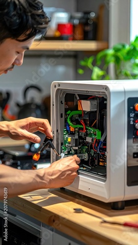 Technician repairing electronic kitchen appliance circuit board, diagnostic process, hardware maintenance, circuit repair