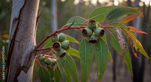 Close-up of eucalyptus branches with gum nuts growing naturally in warm evening light, highlighting native foliage and woodland botanical beauty