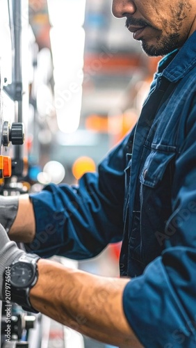 Industrial worker in blue uniform operating machinery, manufacturing plant production line, technical labor expertise, engineering maintenance, factory floor safety