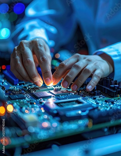 Technician hands working on computer motherboard, intricate electronic repair, microchip assembly, technology innovation and digital hardware development