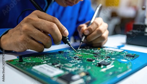 Technician using soldering iron on electronic circuit board for hardware repair, engineering diagnostics, manufacturing maintenance
