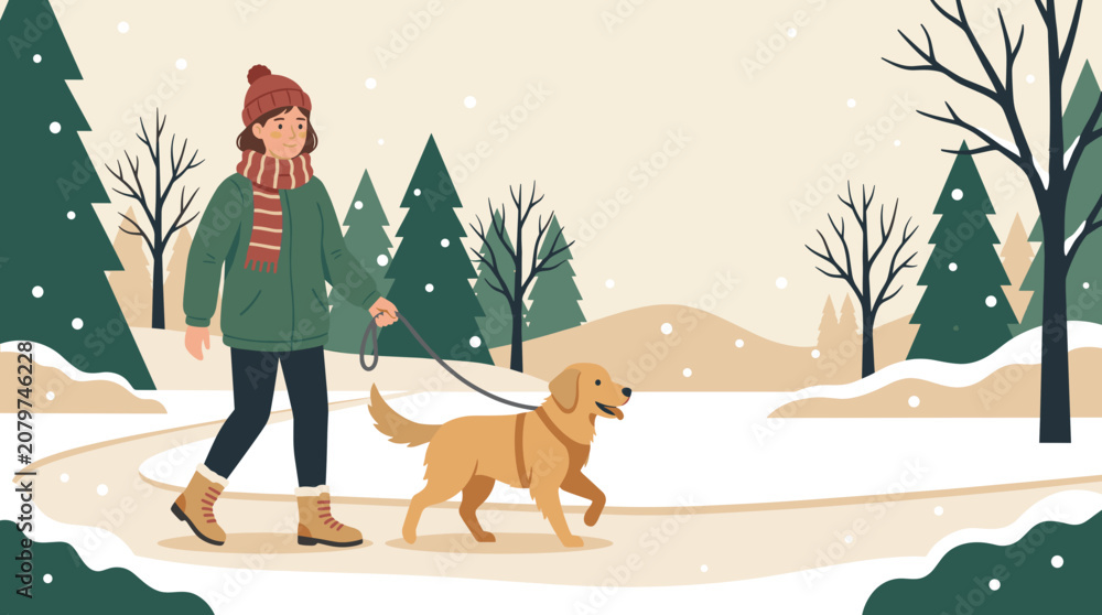 Naklejka premium Woman walking dog in snowy winter forest landscape illustration