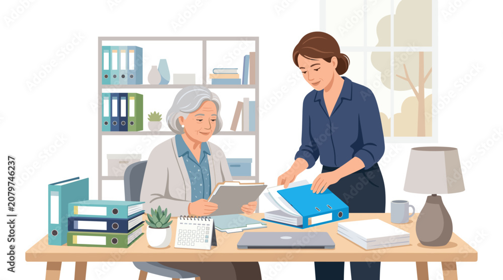 Fototapeta premium Two women working together in an office with files and binders