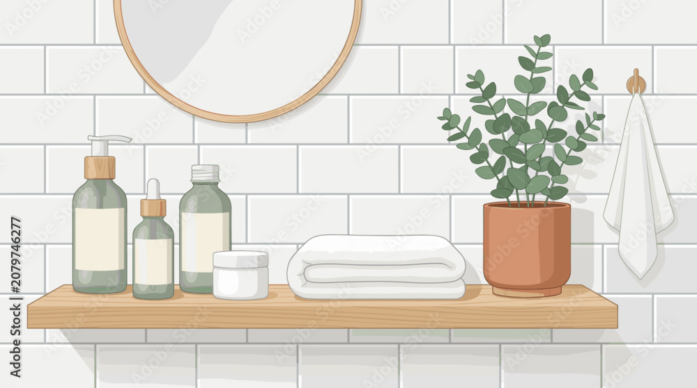 Fototapeta premium Modern Bathroom Shelf with Skincare Products and Eucalyptus Plant