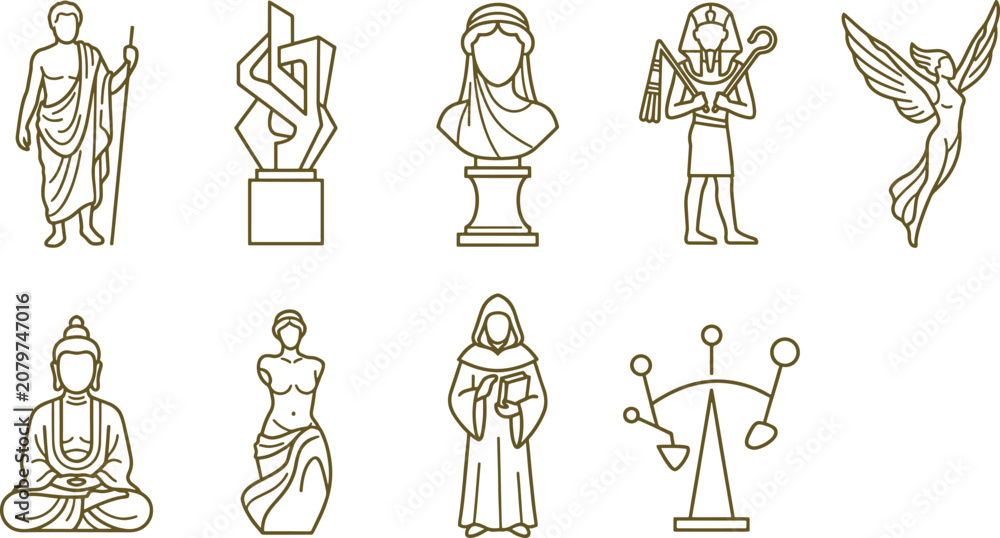 Naklejka premium Historical figures, statues, and symbolic in a minimalist line style isolated on a white background, for projects