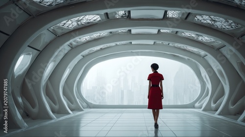 Woman in red dress walking in futuristic city hallway