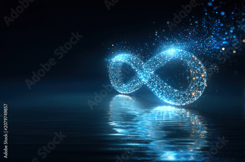 A shiny digital infinity symbol with glowing particles and its reflection on water, representing endless and dynamic technology concept.
