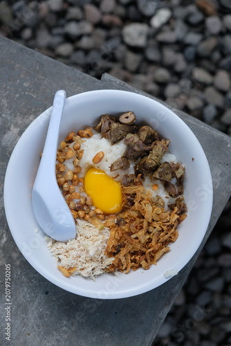 Bubur ayam. Chicken porridge topped with shredded chicken, fried soybeans, raw egg yolk, fried shallots, and minced chicken liver and gizzard. Served in a white ceramic bowl. Indonesian food.