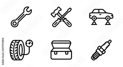 Automotive Repair Icons: Wrench, Hammer, Car Lift, Tire Gauge, Toolbox, Spark Plug