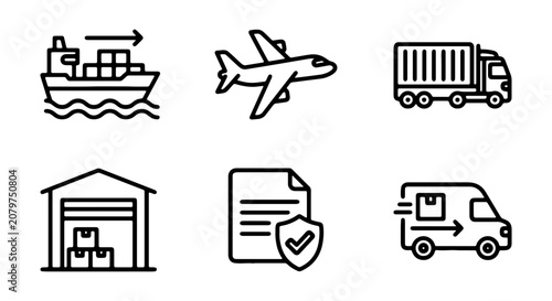 Logistics Icons: Shipping, Air Cargo, Truck, Warehouse, Delivery Van, Insurance