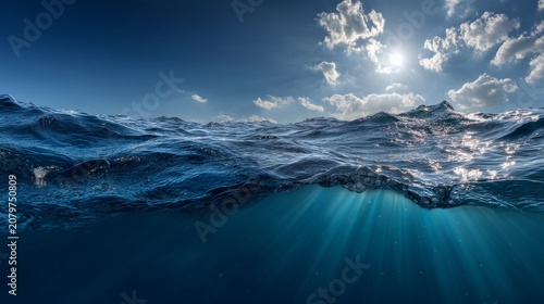 Tranquil Ocean Waves Under Bright Sky with Soft Sunlight Reflection