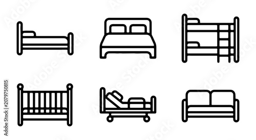Bed Icons Set: Single, Double, Bunk, Crib, Hospital, Sofa, Furniture Vector Graphics