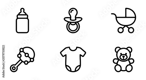 Baby Icons Set: Bottle, Pacifier, Stroller, Rattle, Onesie, Teddy Bear Vector