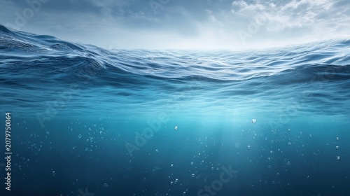 Calm Ocean Surface with Sunlight and Bubbles Underwater