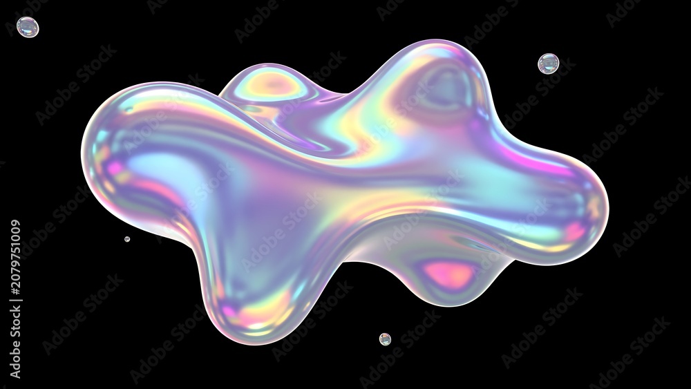 Obraz premium Abstract Iridescent Liquid Fluid Shape with Holographic Surface Texture against a Dark Minimalist Background