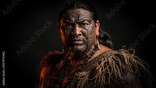 A stoic Maori man, adorned with intricate traditional facial tattoos and wearing a ceremonial garment, stares intensely into the camera, embodying cultural heritage and strength.