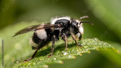 A close-up macro shot captures a striking bee with bold black and white stripes resting on a vibrant green leaf, adorned with glistening dew drops.