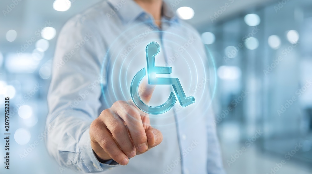 Fototapeta premium Professional businessman in a white shirt touching a glowing blue digital wheelchair icon representing accessibility and inclusive design concepts on a modern touch screen interface display