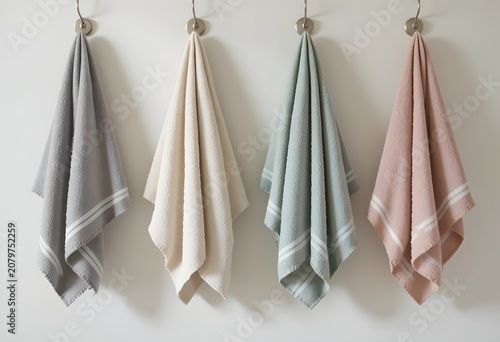 Four towels hanging on a wall, colorful bathroom linens