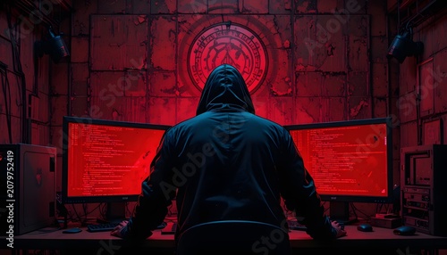 Hacker in Hoodie Working on Multiple Screens in Dark Cyberpunk Room with Red Glow