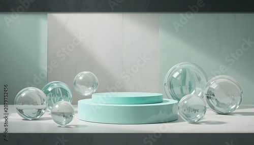 Glass orbs surround teal circular object on white surface