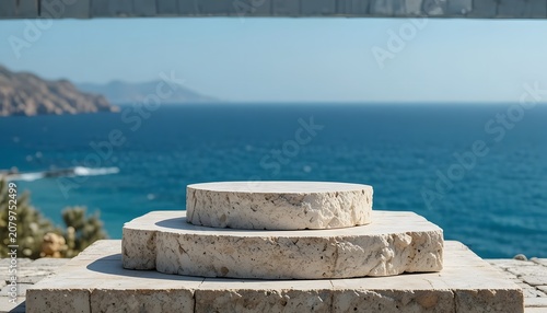 Stacked stone pillar on coastal cliff overlooking calm turquoise sea with distant mountains in bright daylight