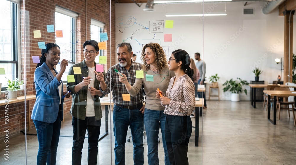 Obraz premium Diverse team collaborates on glass board with sticky notes and markers in modern office space