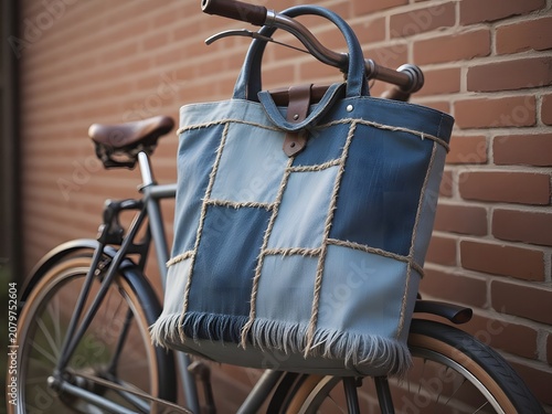 Patchwork denim bag on bicycle handle