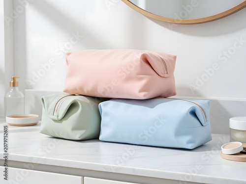 Stacked travel pouches on bathroom countertop