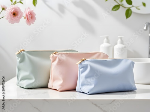 Three pastel cosmetic pouches arranged on white marble surface with pink flowers and milk bottle in soft natural light
