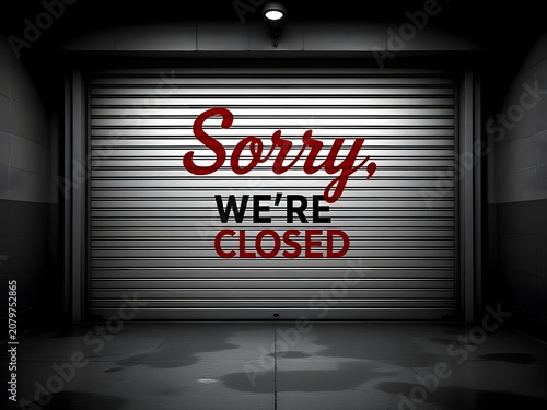 Closed Business Sign on Rolling Metal Door in Dimly Lit Indoor Setting with Apology Text