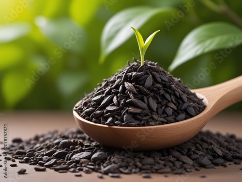 Sprouting seedling in wooden spoon with soil