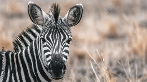 A zebra's striking face, striped and detailed, against blurred brown grassland