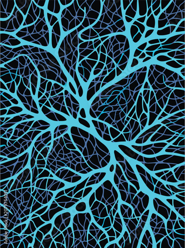 Intricate blue branching network resembling neural pathways and vessels.