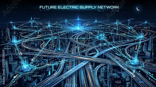 Futuristic electric power grid infrastructure network.
