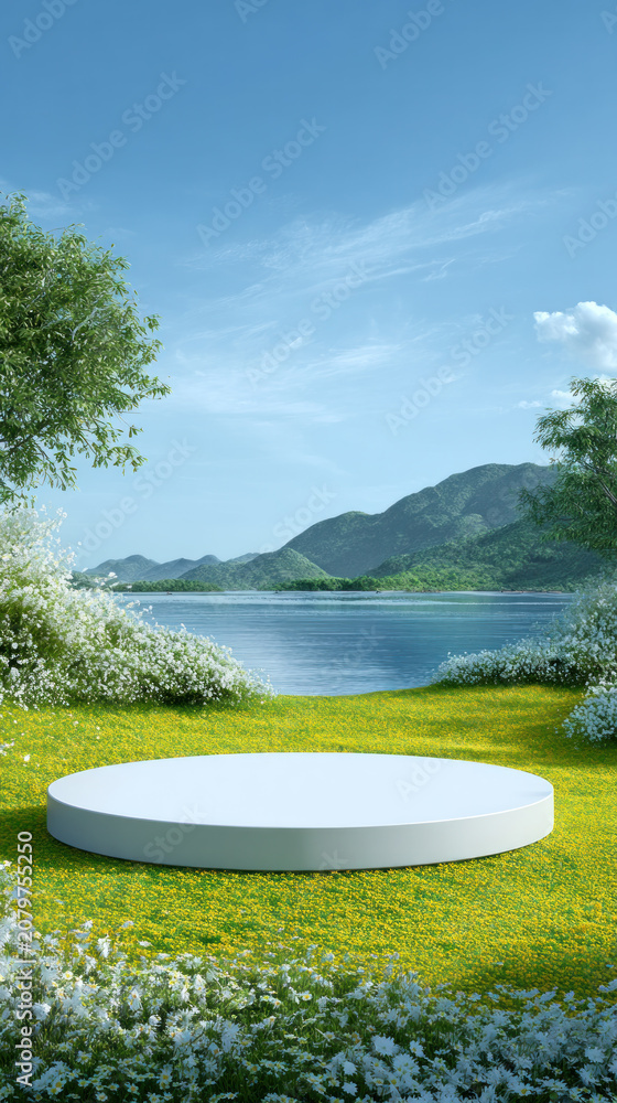 Fototapeta premium A round white platform sits on a grassy area by a lake with mountains and clear sky in the background.