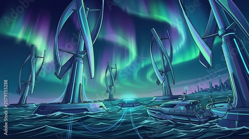 Futuristic neon cityscape with glowing trees.