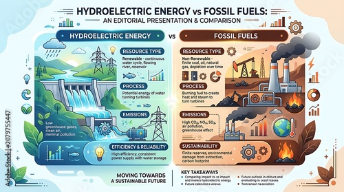 Hydroelectric energy versus fossil fuels comparison infographic.