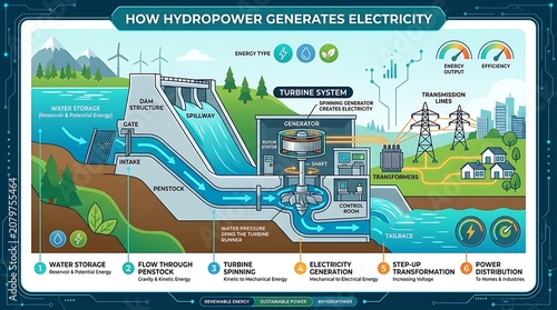 Hydroelectric power plant electricity generation diagram.